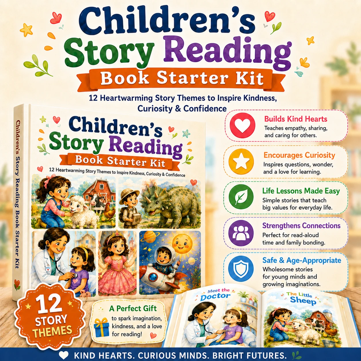 Mockup of the Children's Story Reading Book Starter Kit with 12 book systems and 360 prompts