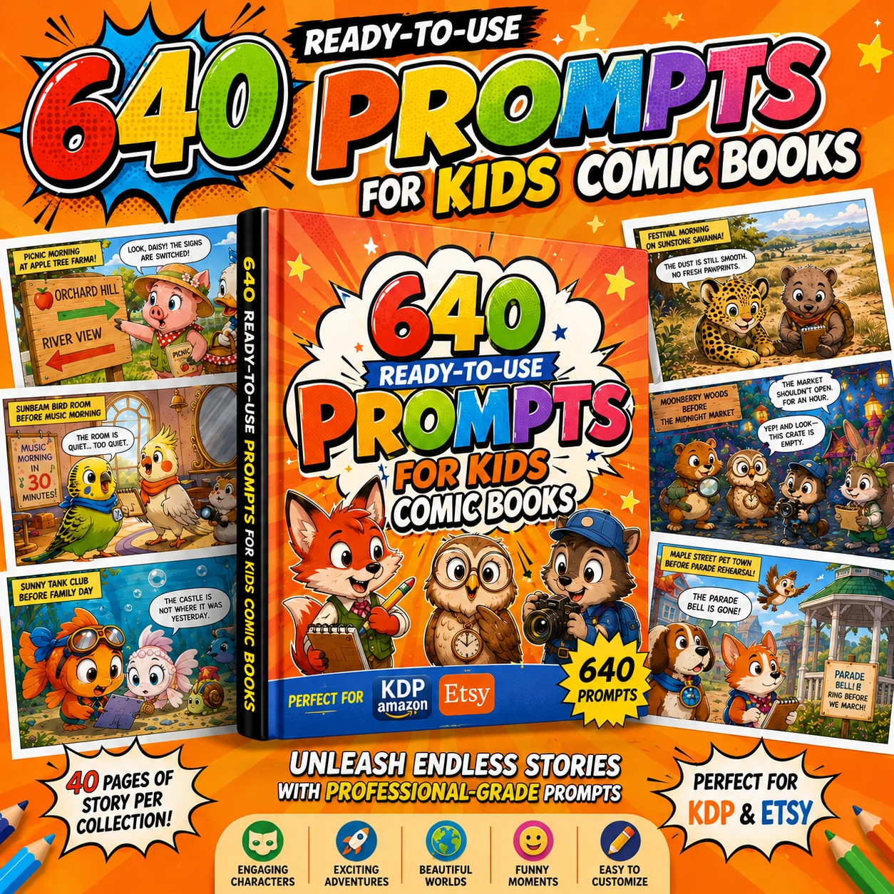 640 Ready-to-Use Prompts for Kids Comic Books product mockup