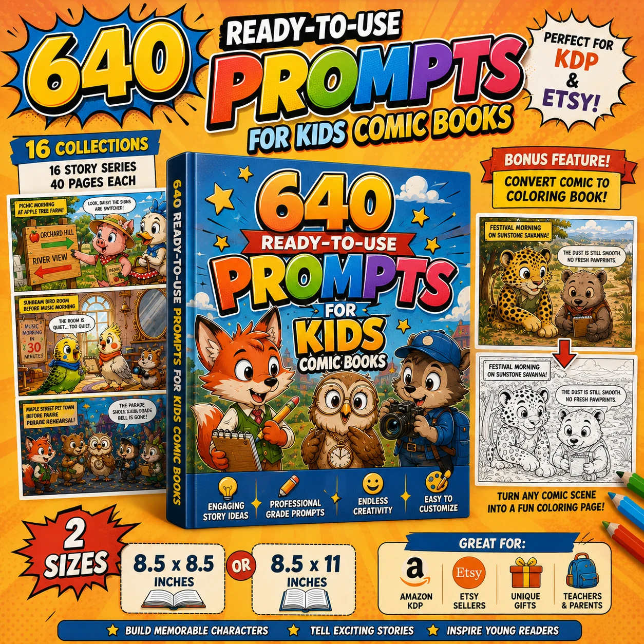 640 Kids Comic Books product and coloring-book bonus mockup