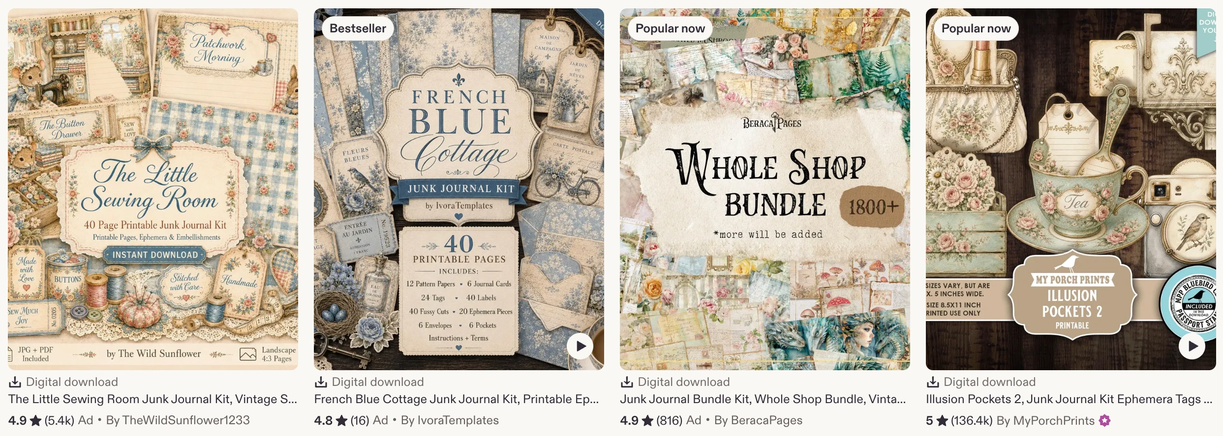 Junk journal digital download product examples on Etsy