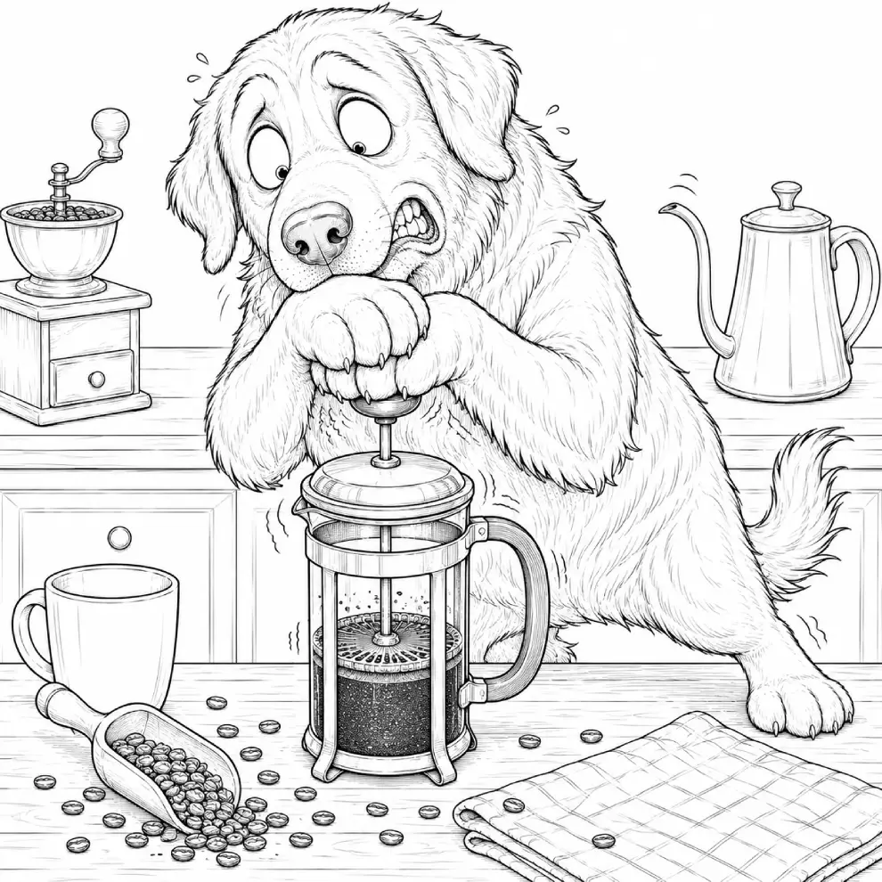 Golden Retriever — French Press Struggle coloring page preview
