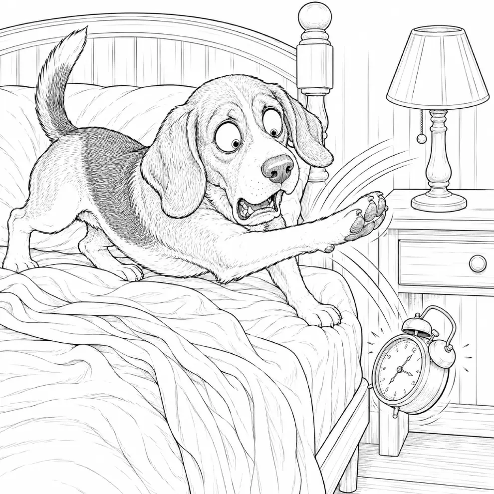 Beagle — Alarm Clock Behind The Bed coloring page preview