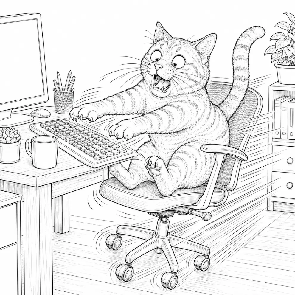 Orange Cat — Rolling Chair Typing Disaster coloring page preview