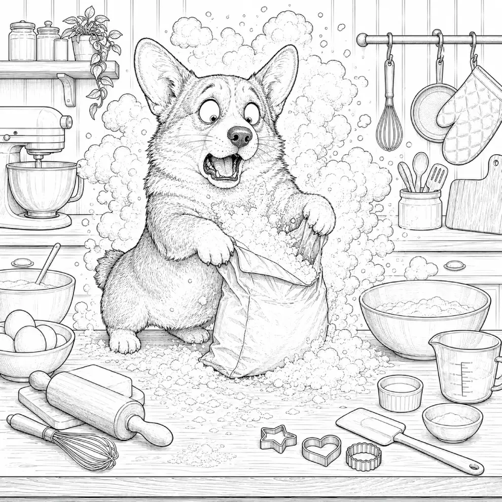 JV Center | Crazy Expressive Animals Coloring Prompt Vault Corgi flour cloud coloring page example