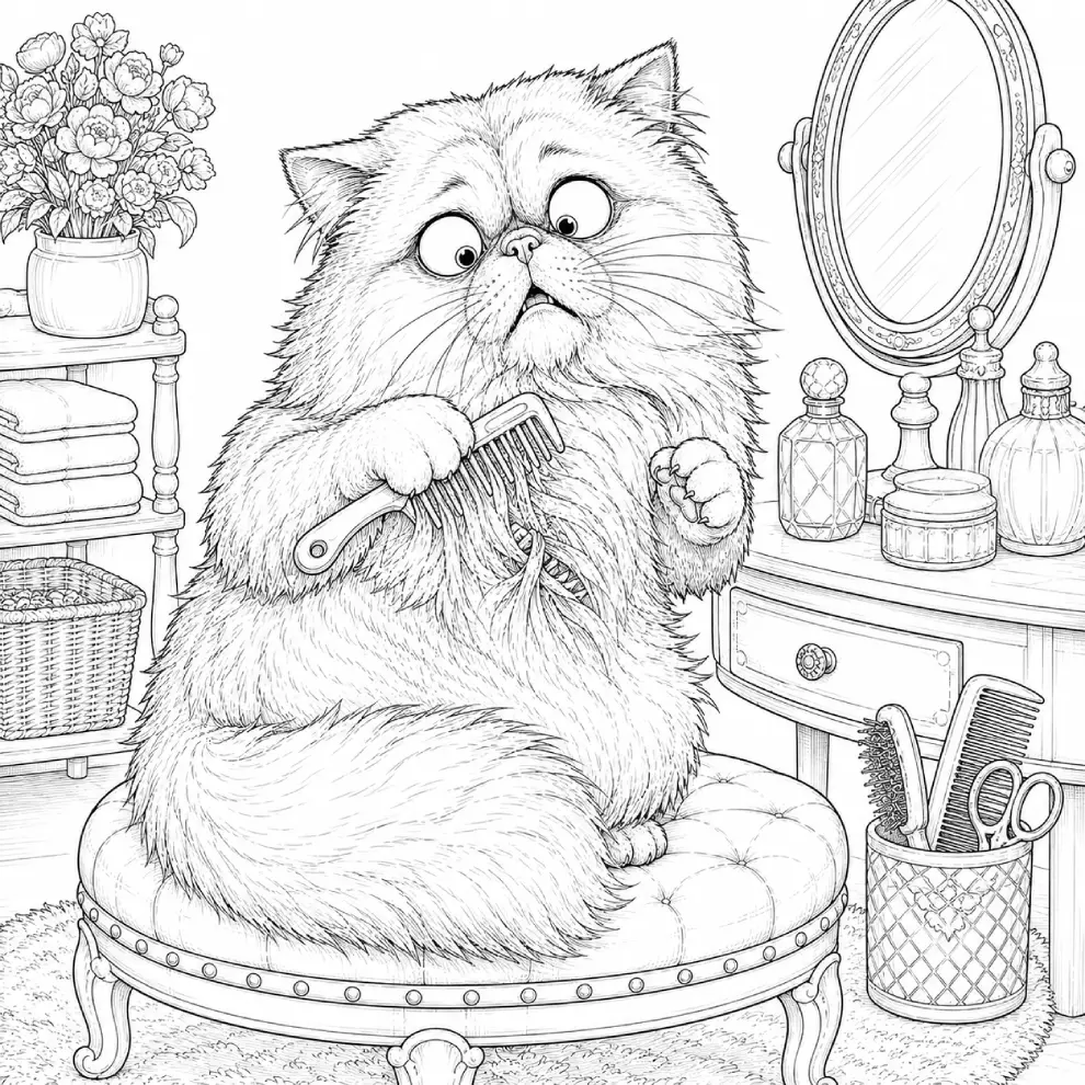 Persian Cat — Comb Stuck In Fur coloring page preview
