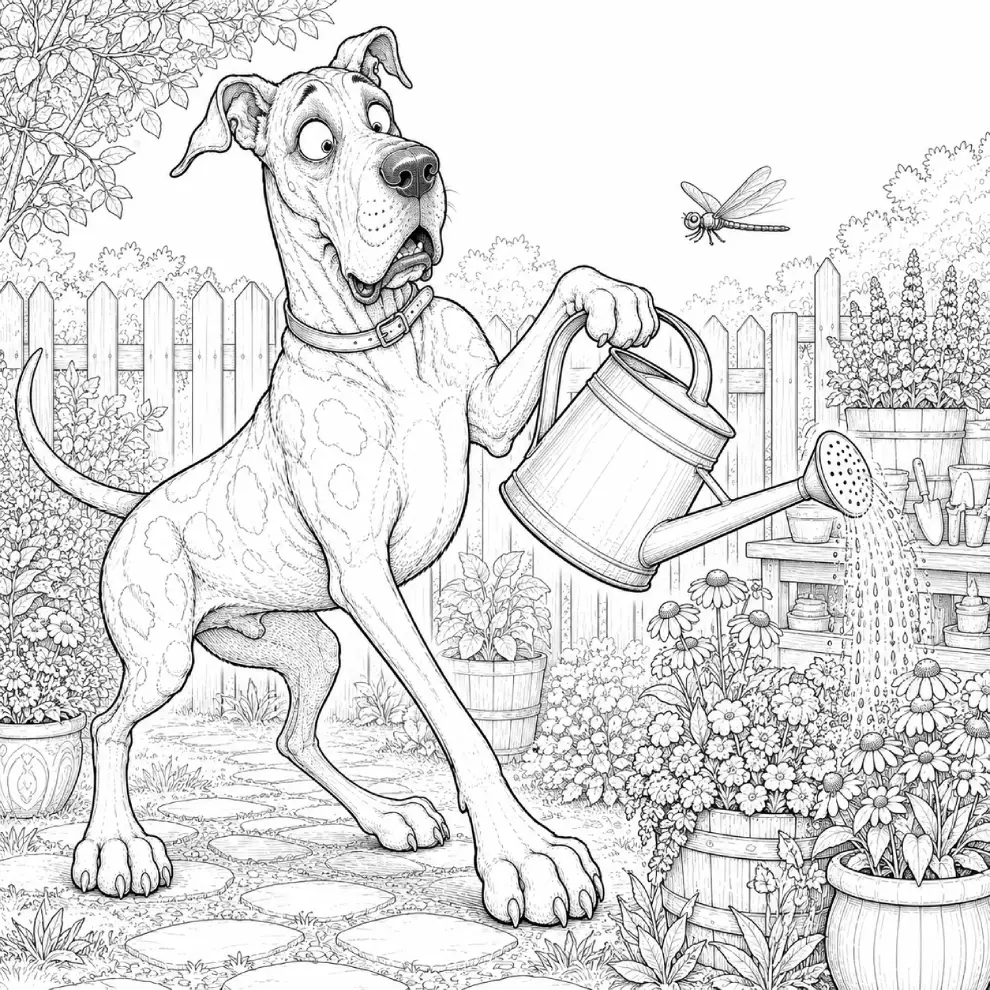 Great Dane — Dragonfly & Watering Can coloring page preview