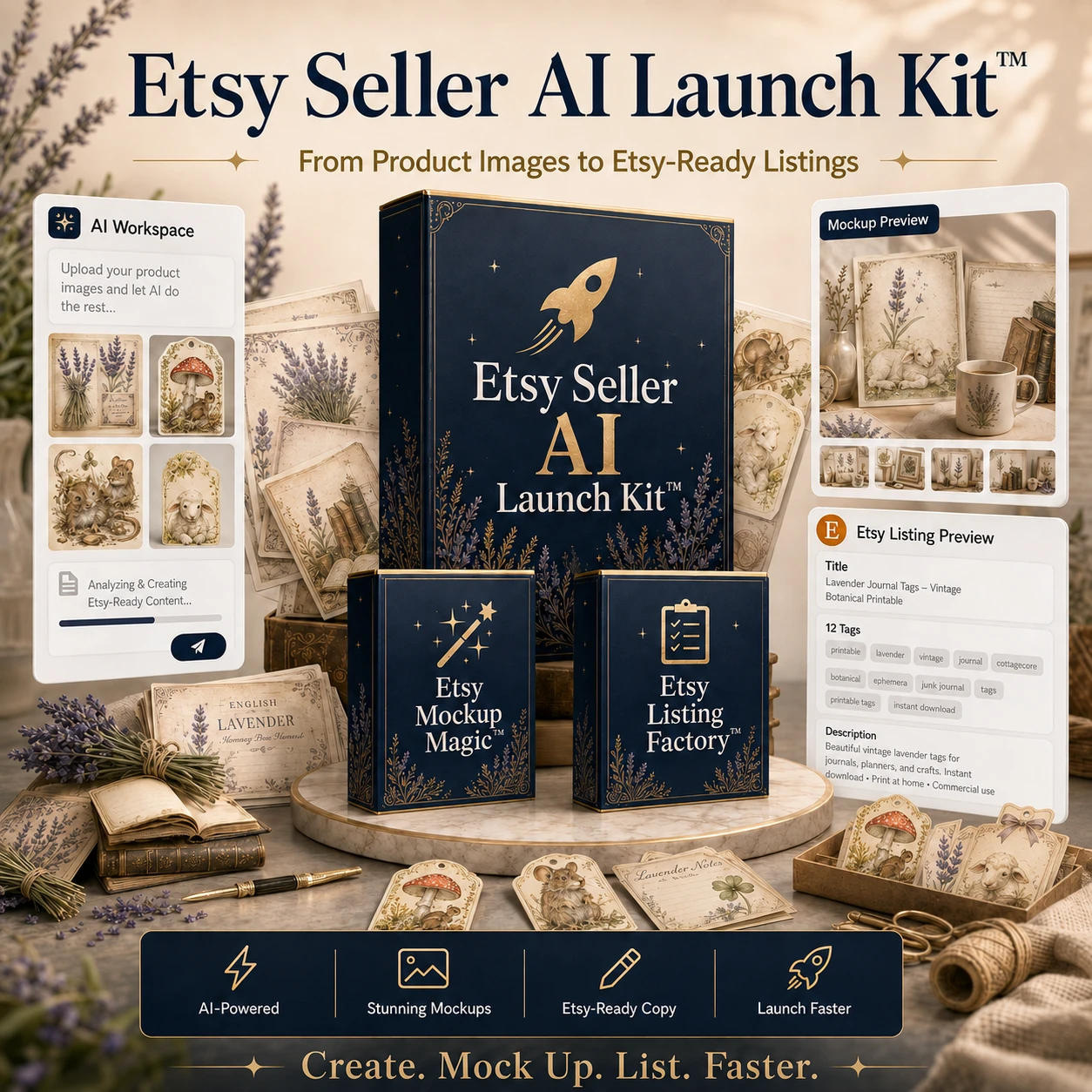Etsy Seller AI Launch Kit bonus featuring Etsy Mockup Magic and Etsy Listing Factory