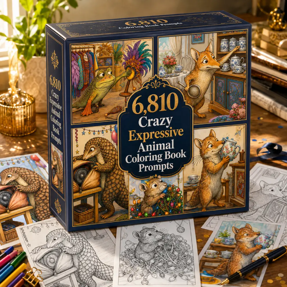 JV Center | Crazy Expressive Animals Coloring Prompt Vault 6,810 Crazy Expressive Animal Coloring Book Prompts OTO3 mockup