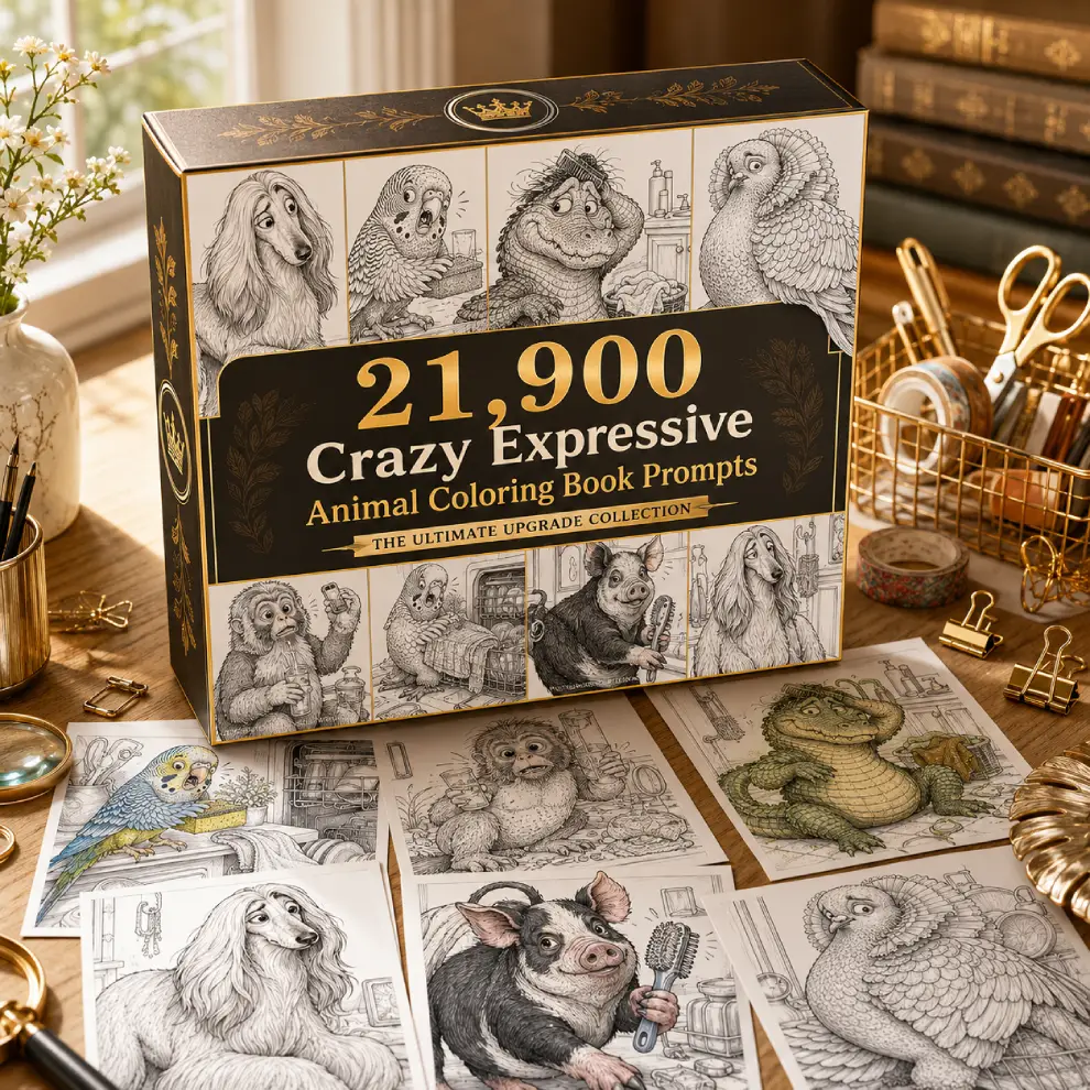 JV Center | Crazy Expressive Animals Coloring Prompt Vault 21,900 Crazy Expressive Animal Coloring Book Prompts OTO4 mockup