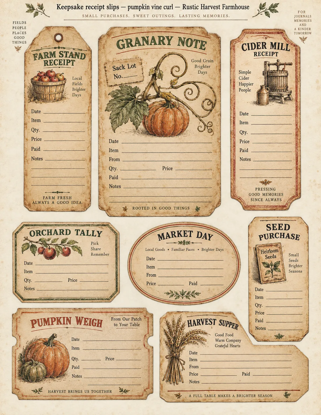 Rustic Harvest Farmhouse — Keepsake Receipt Slips