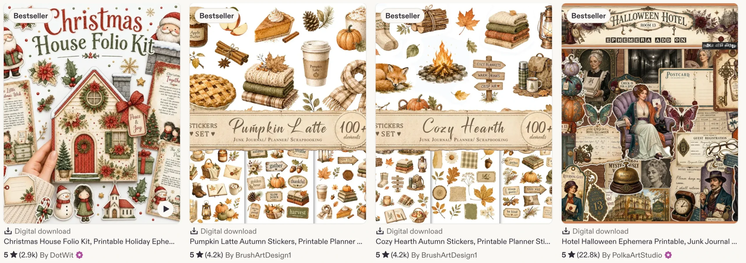 Example Etsy marketplace results showing seasonal junk journal, scrapbook and printable products