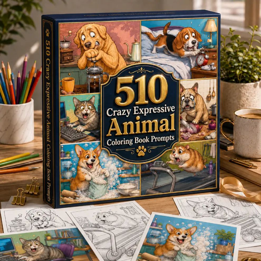 JV Center | Crazy Expressive Animals Coloring Prompt Vault 510 Crazy Expressive Animal Coloring Book Prompts Front End mockup