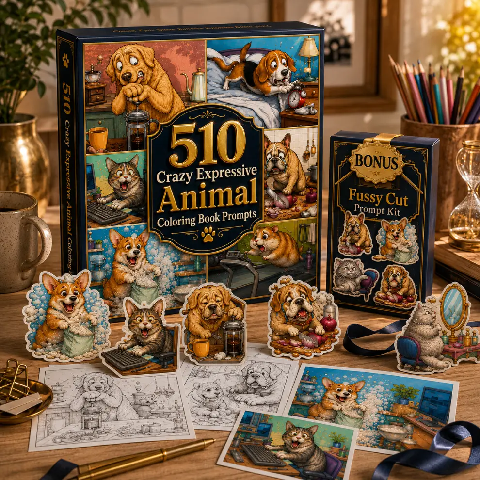 510 Crazy Expressive Animal Coloring Book Prompts final product mockup