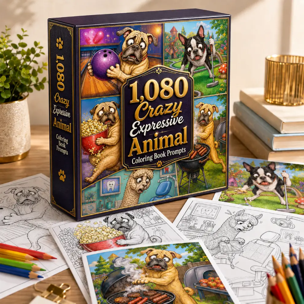 JV Center | Crazy Expressive Animals Coloring Prompt Vault 1,080 Crazy Expressive Animal Coloring Book Prompts OTO1 mockup