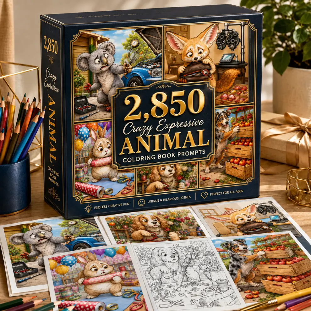 JV Center | Crazy Expressive Animals Coloring Prompt Vault 2,850 Crazy Expressive Animal Coloring Book Prompts OTO2 mockup