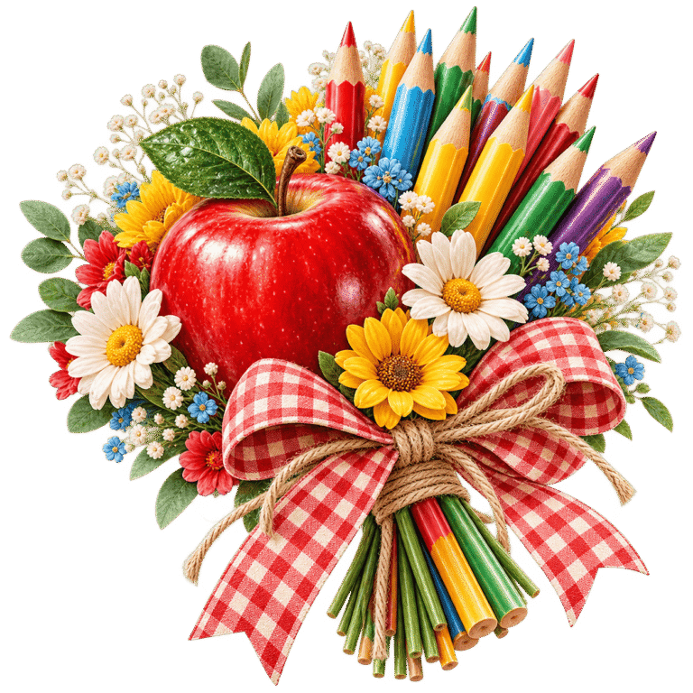 Premium Semi-Hyperrealistic Isolated Clipart — teacher’s apple-and-pencil bouquet