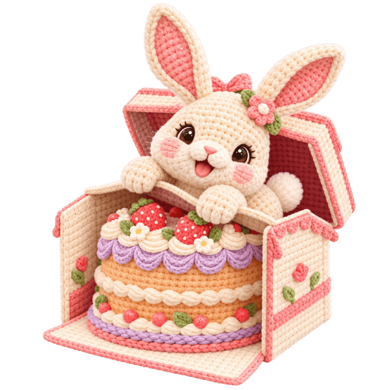 Birthday bunny cake-box concept in a crochet and yarn finish