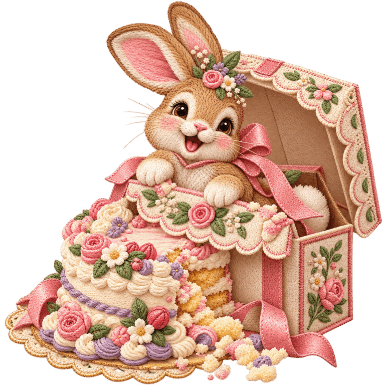 Birthday bunny cake-box concept in a realistic thread embroidery finish