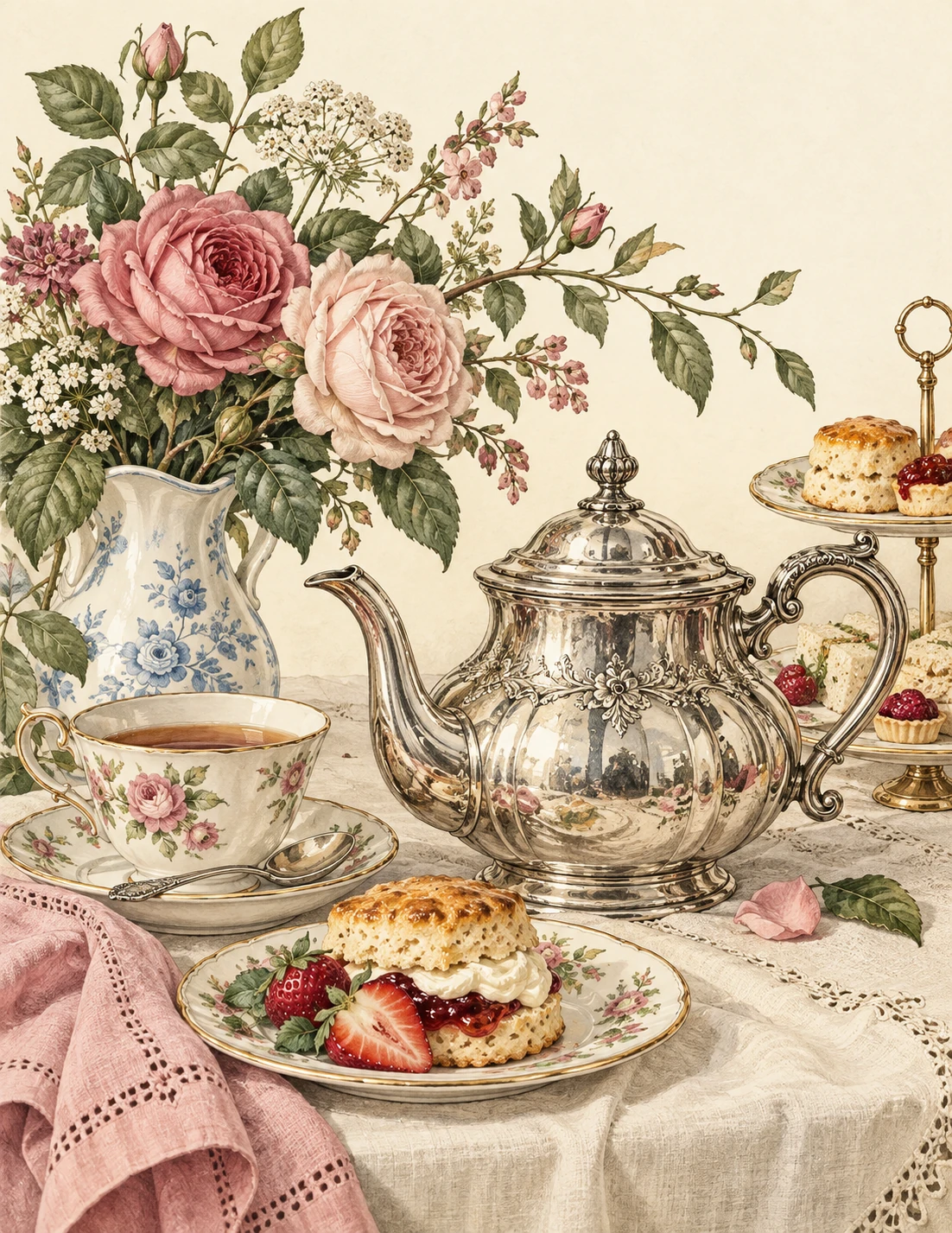 Silver Teapot Botanical Still Life