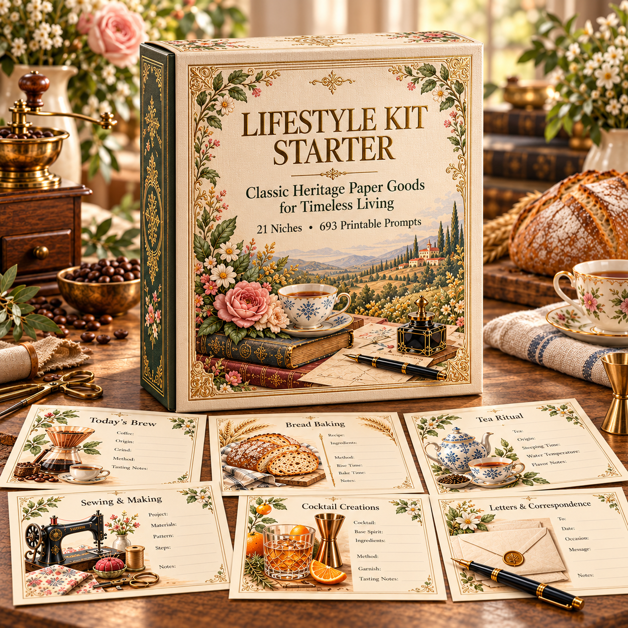 Lifestyle Kit Starter single front-end product mockup showing the Classic Heritage printable direction
